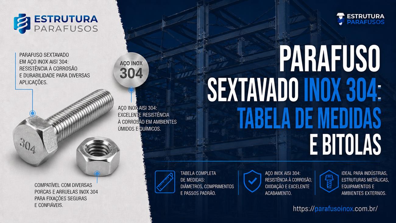Parafuso sextavado inox 304, medidas.