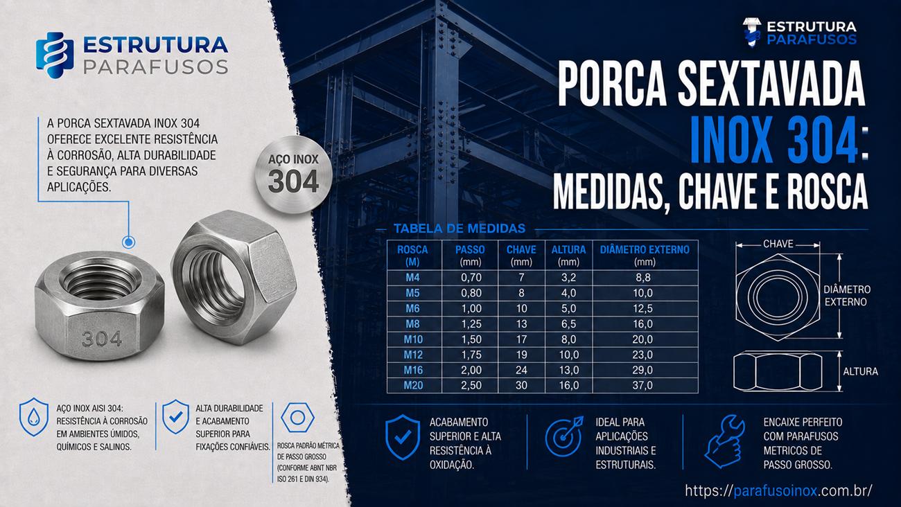 Porca sextavada inox 304, medidas.